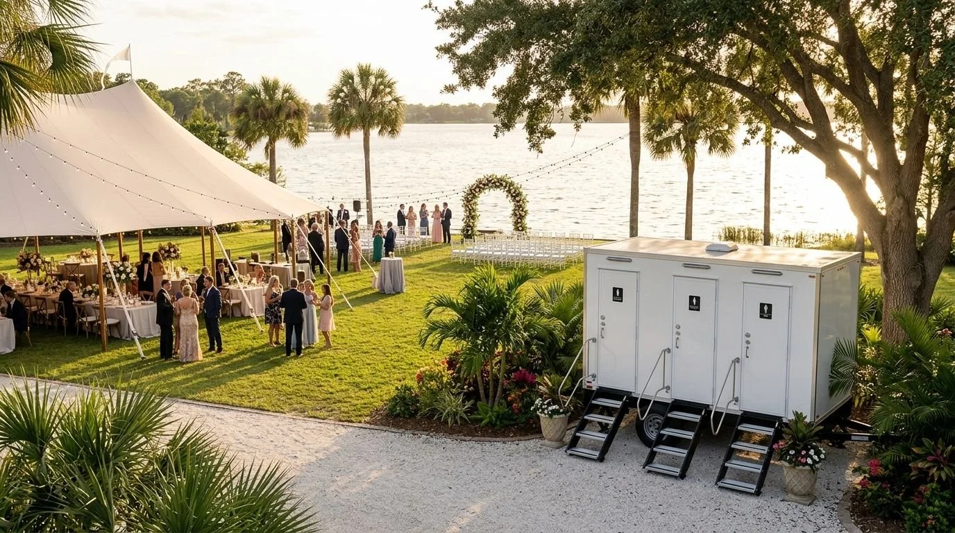A wedding reception setup outdoors by a lakeside with a large white tent, guests mingling, a ceremony arch, and a portable restroom with stairs in the foreground.