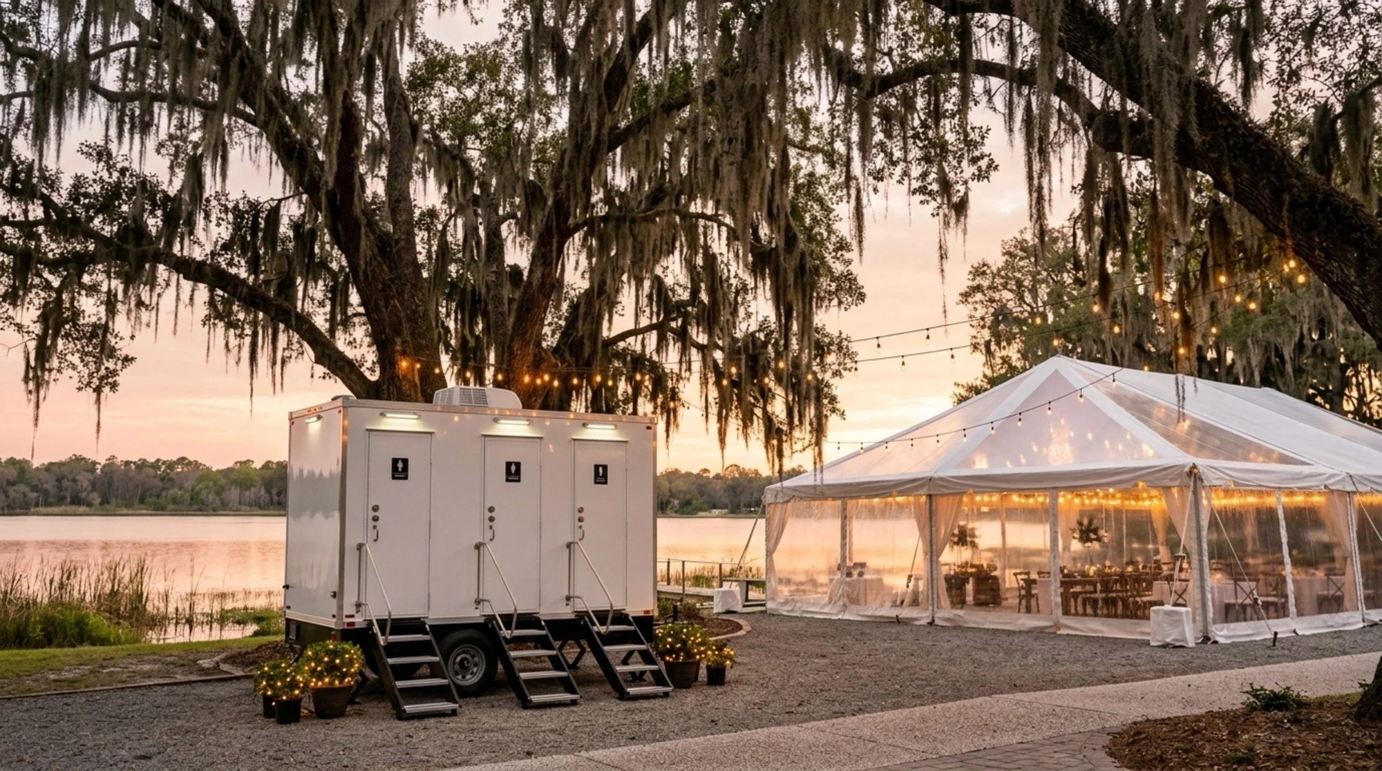 Outdoor event setup at sunset near a river with string lights, a large white tent with transparent sides, and a portable restroom trailer.