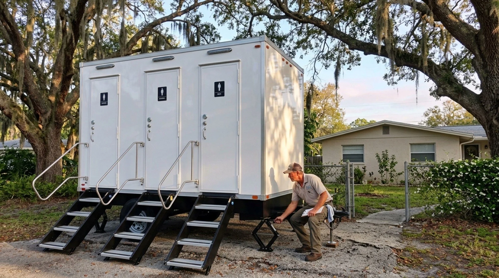 A portable restroom trailer with three doors, marked for women, accessible, and men, set up on a residential lawn. A man in work clothes is sitting on a folding chair next to the trailer, working at a table. Large trees and a house are in the background.