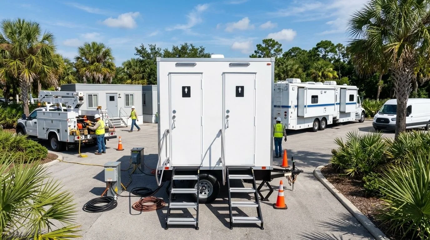 Mobile outdoor restroom trailer with stairs and construction workers setting up in a parking lot surrounded by palm trees.