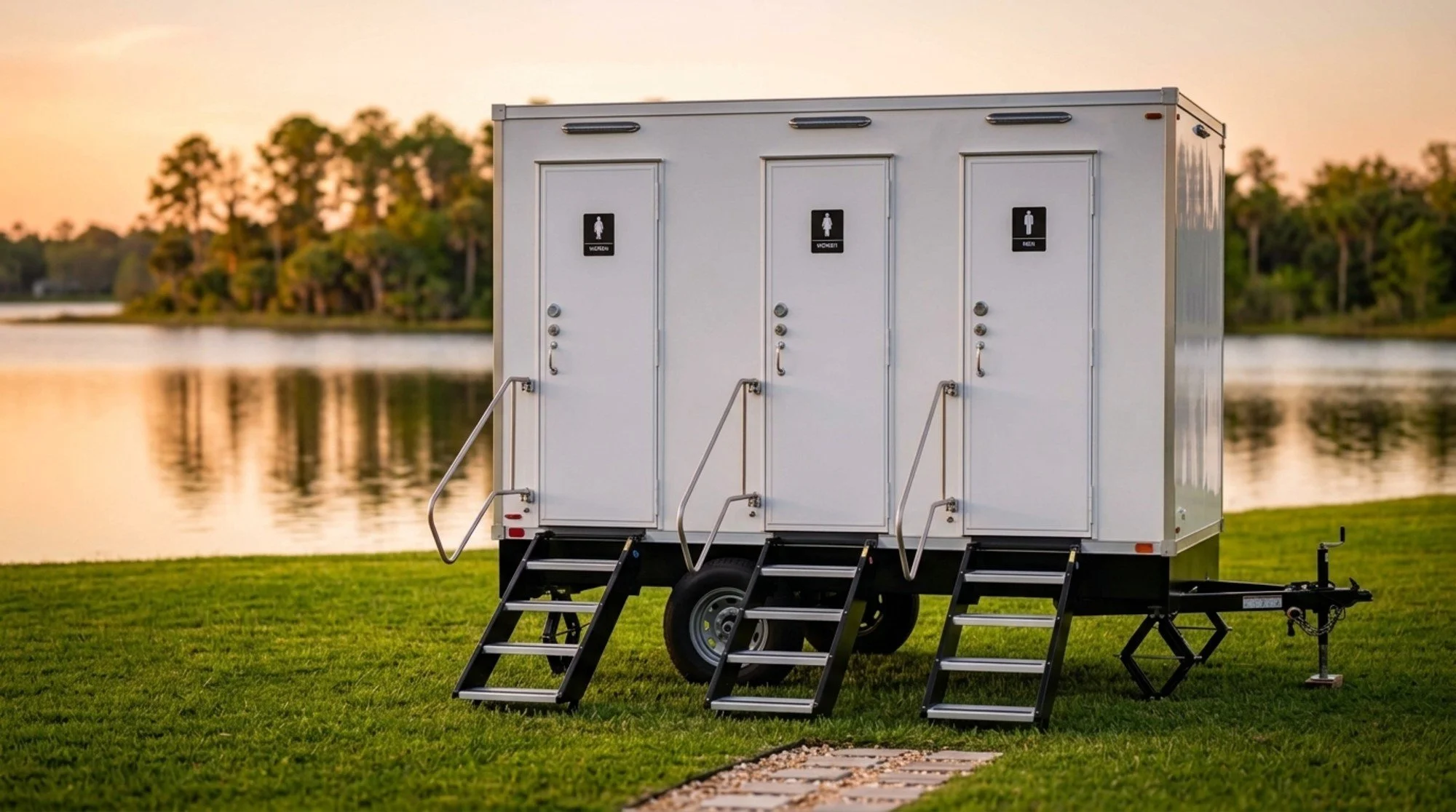 Portable restroom trailers with three separate units, each labeled for women, women, and men, set up outdoors near a body of water with a grassy area during sunset.
