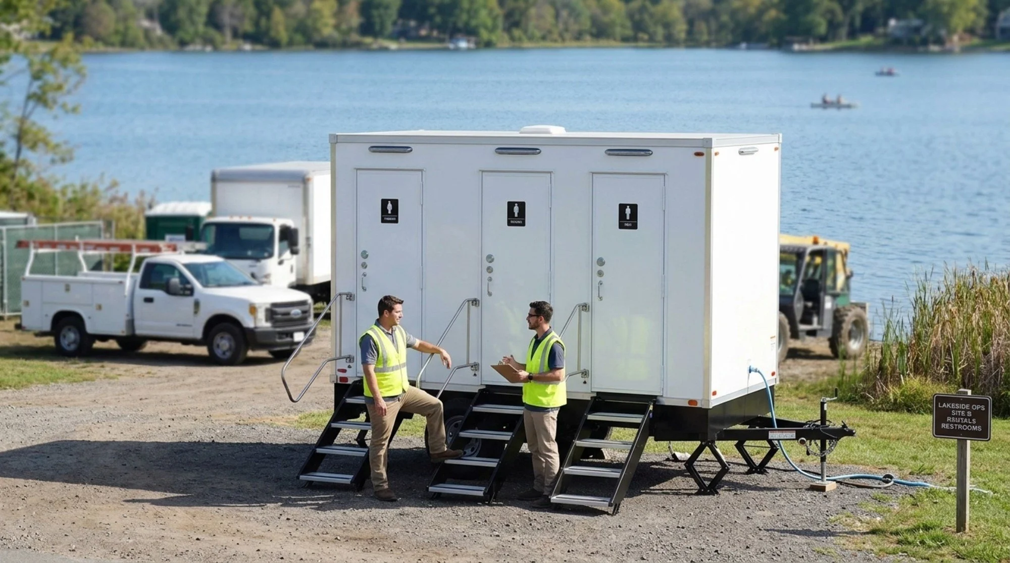 Two men in yellow safety vests standing outside a white portable restroom trailer by a lake, with trees and boats in the background.