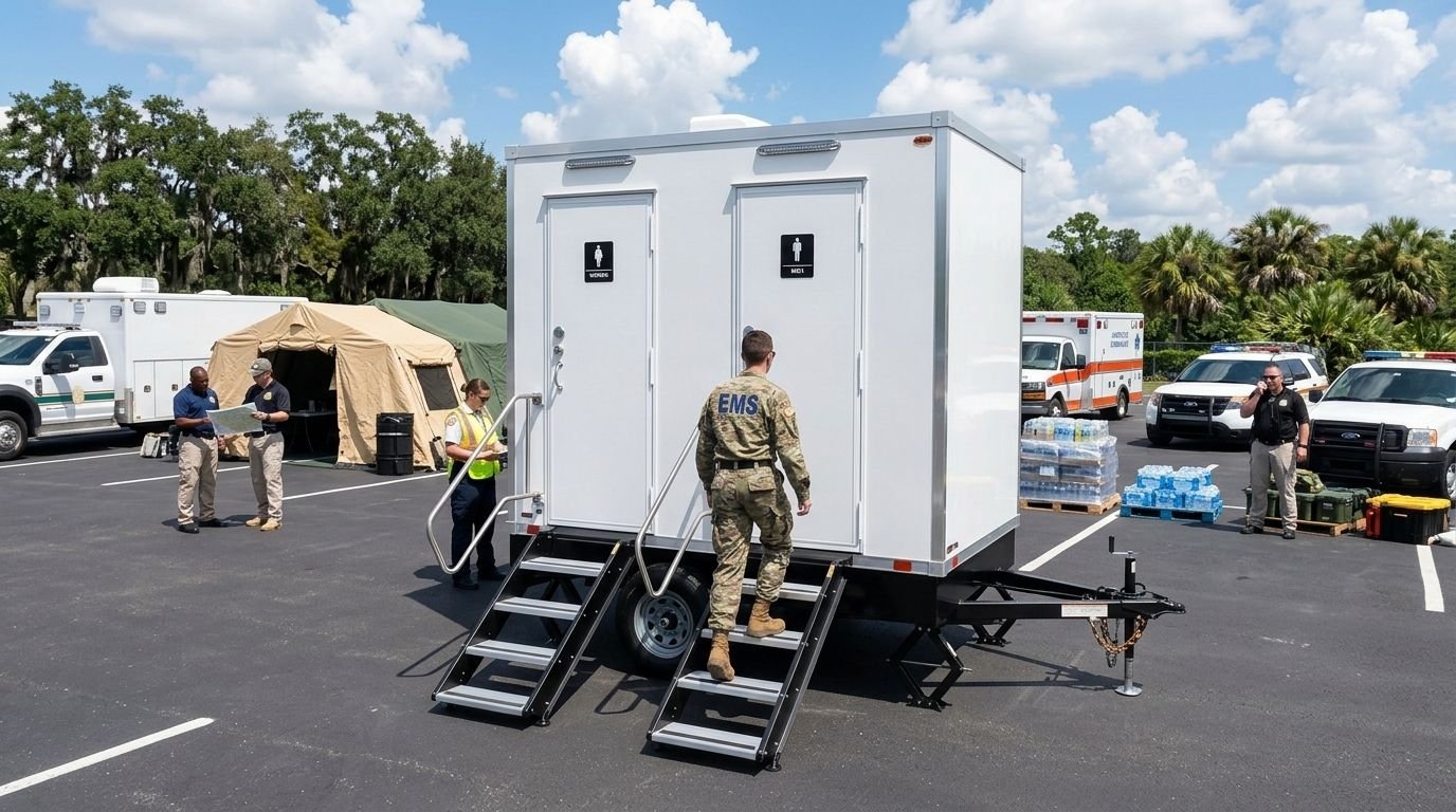 Military personnel, emergency responders, and law enforcement officers in a parking lot with emergency vehicles, tents, and supplies, including bottled water.