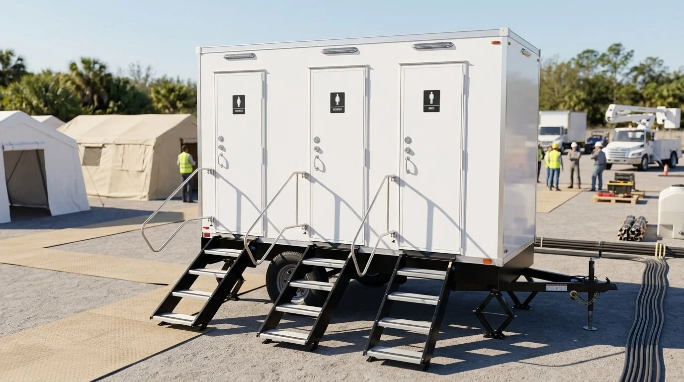 Portable restroom trailers with three doors, each labeled with a gender symbol, on a construction site with workers and trucks in the background.