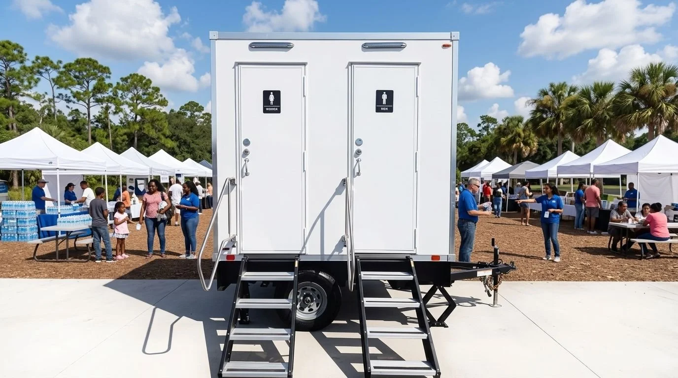 A mobile restroom trailer with two doors marked for women and men, set up outdoors at an event with tents and people in the background.