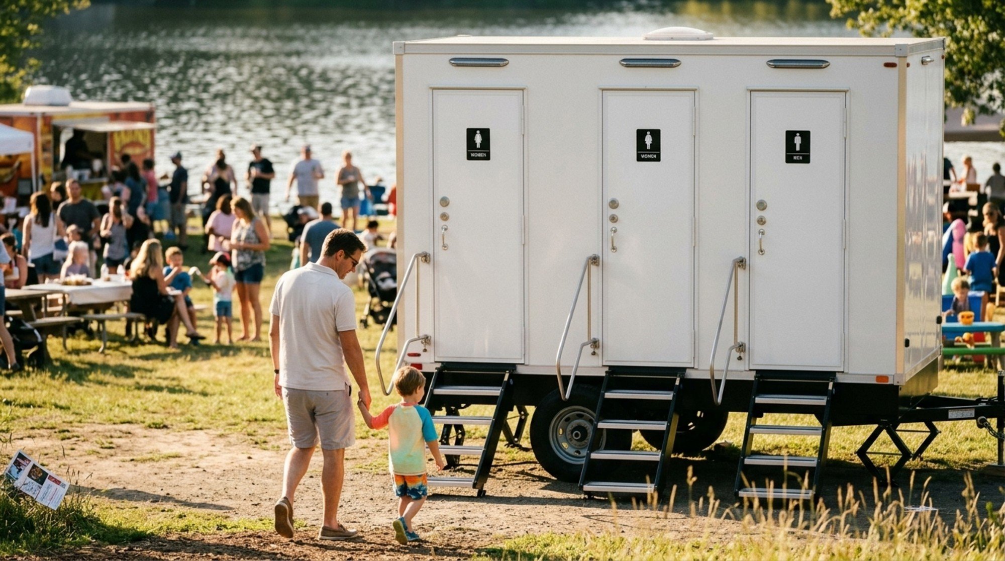 Public outdoor park with a portable restroom trailer, people walking, socializing, and enjoying a gathering near a body of water on a sunny day.