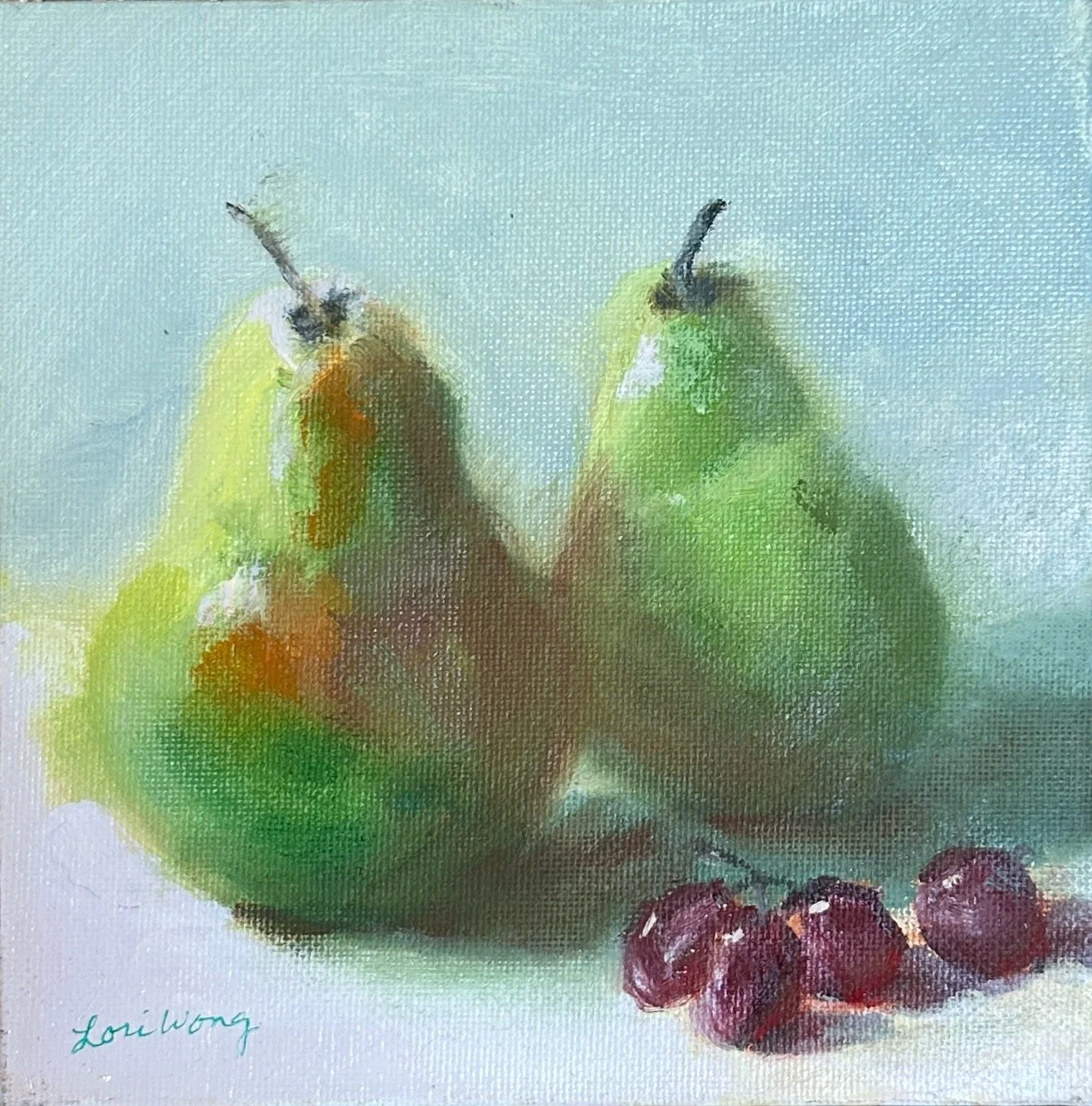 Two Pears With Grapes, 6" x 6", oil