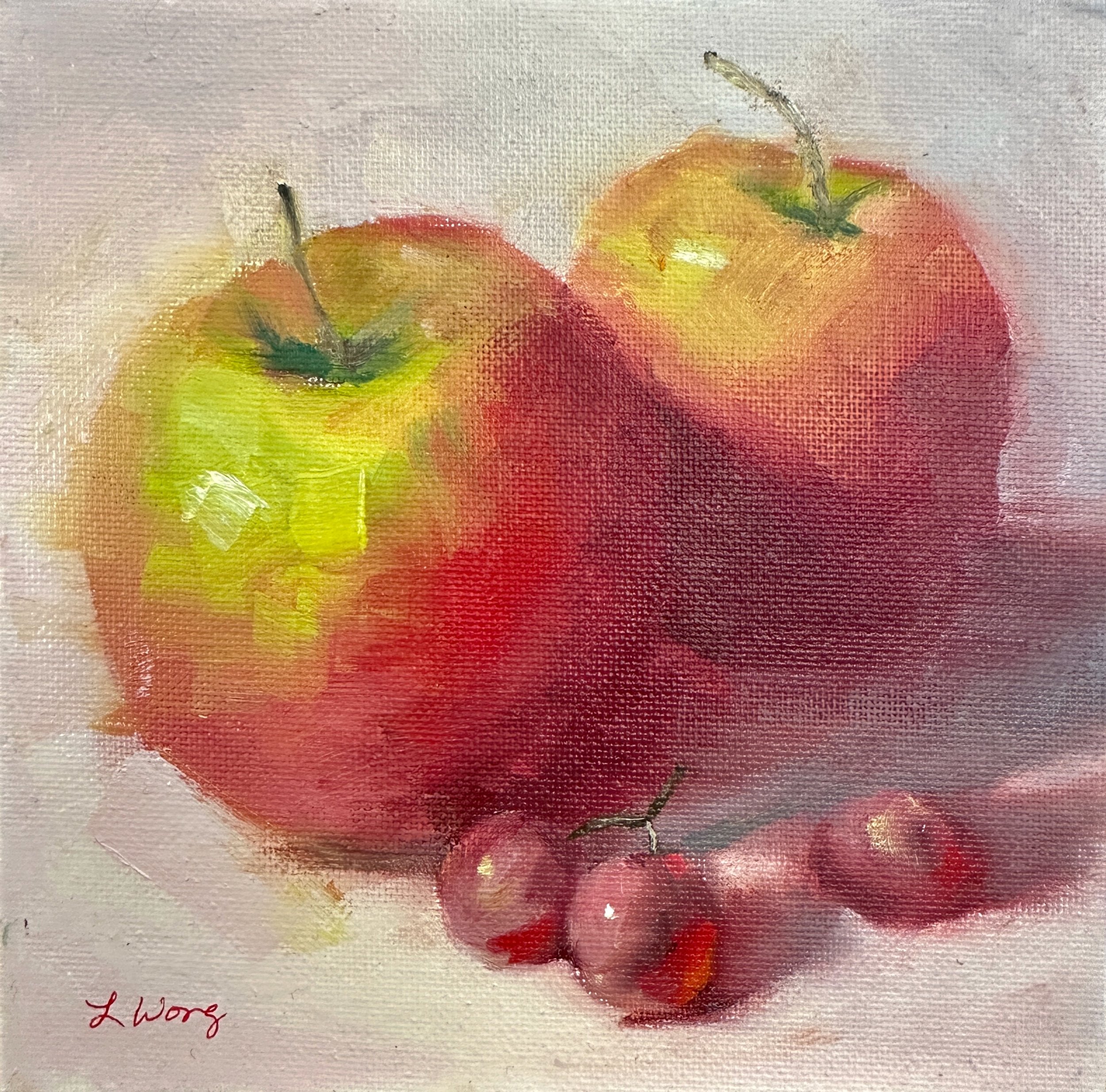 Two Apples With Grapes, 6" x 6", oil