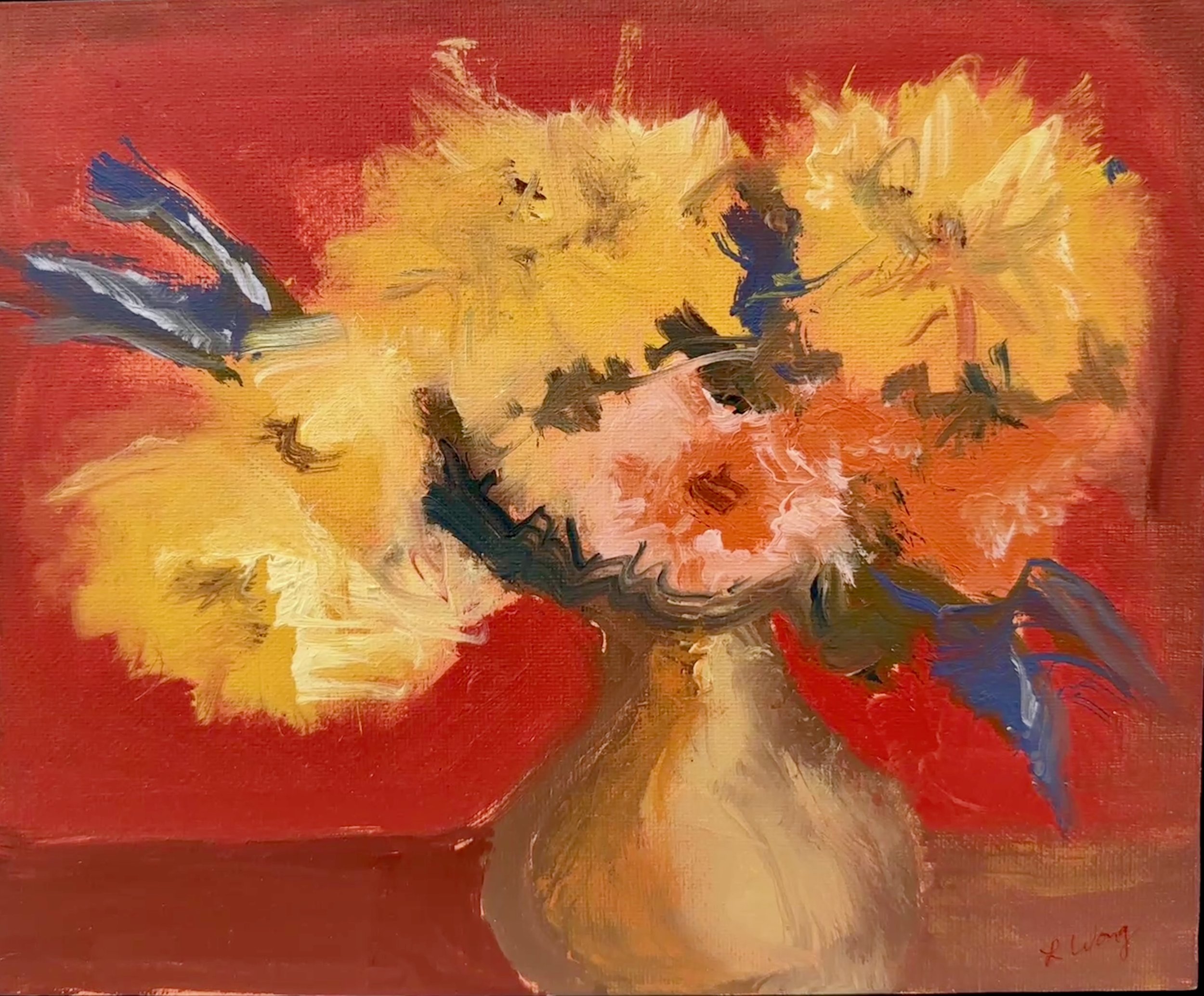 Yellow Flowers in Vase, oil, sold