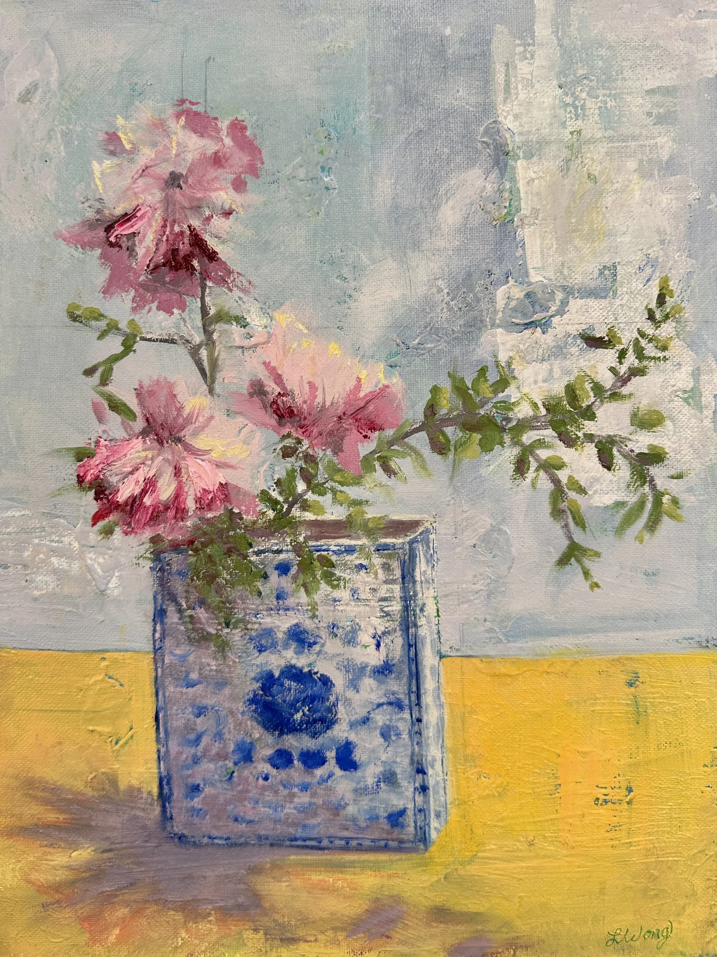 Peonies in Blue and White Vase, 11" x 14", oil