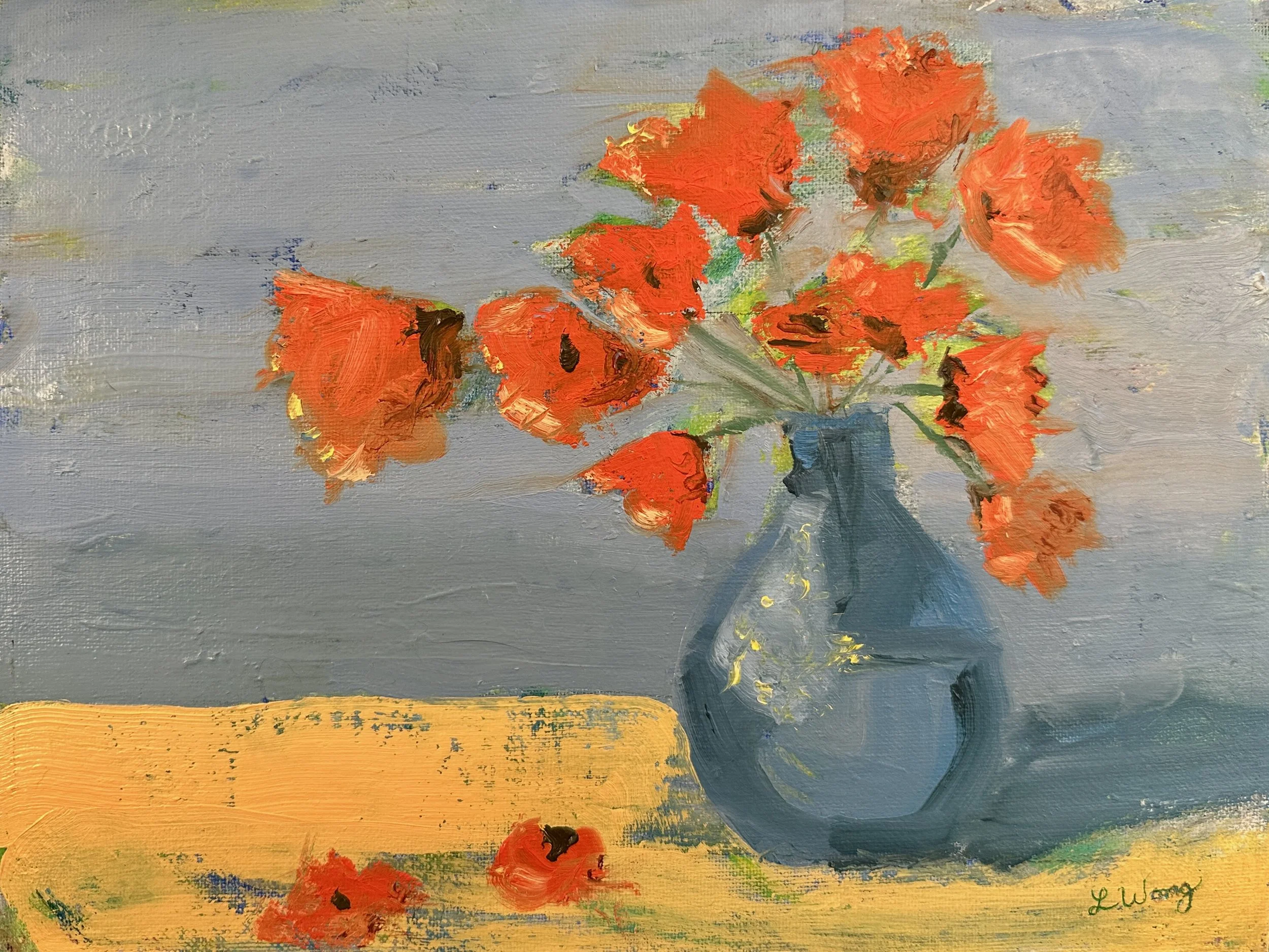Orange Flowers in Vase, 9" x 12", oil