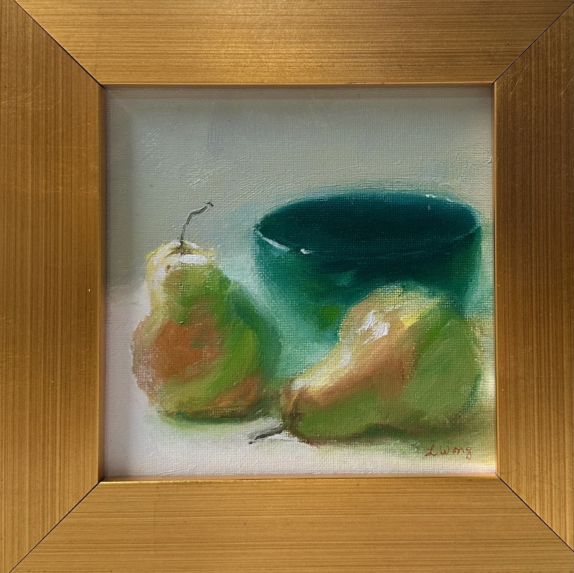 Two Pears with Bowl, 6" x 6", oil