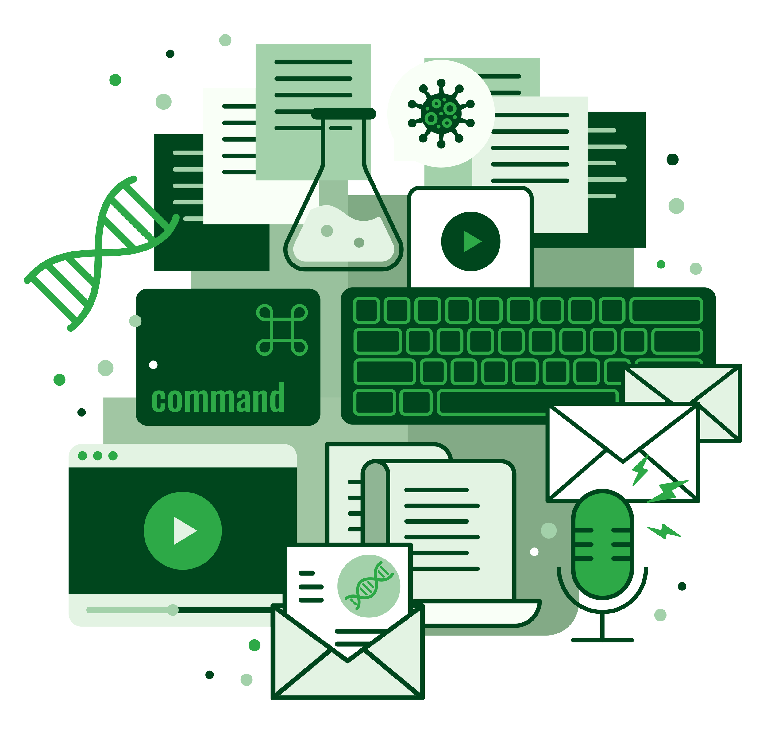 Illustration representing Biocatalyst work across video, email, podcasts, technical content, due diligence, and other life science marketing and consulting projects.