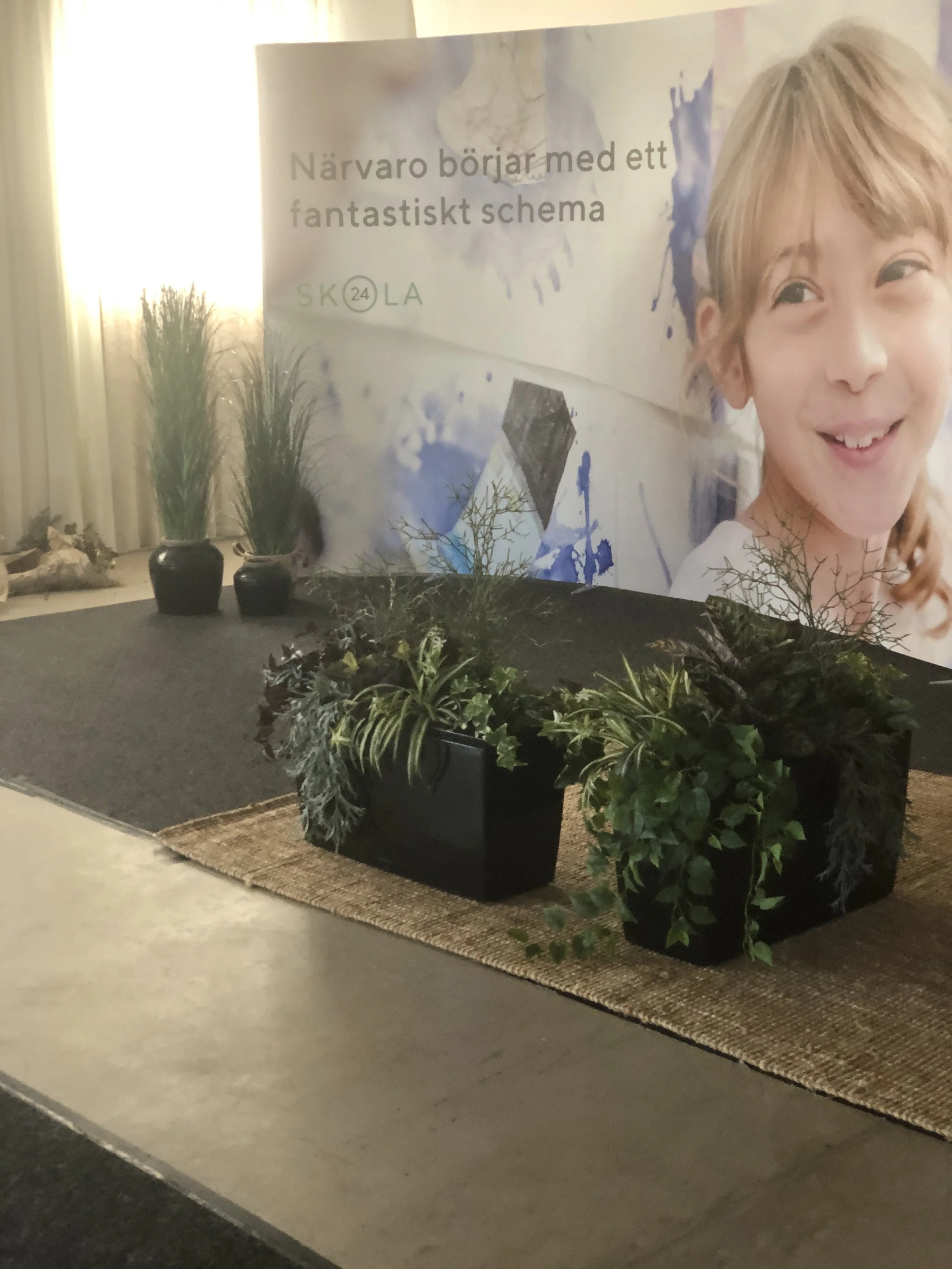 Gröna växter i svarta planteringskärl som del av inredningen på Knista Herrgård.