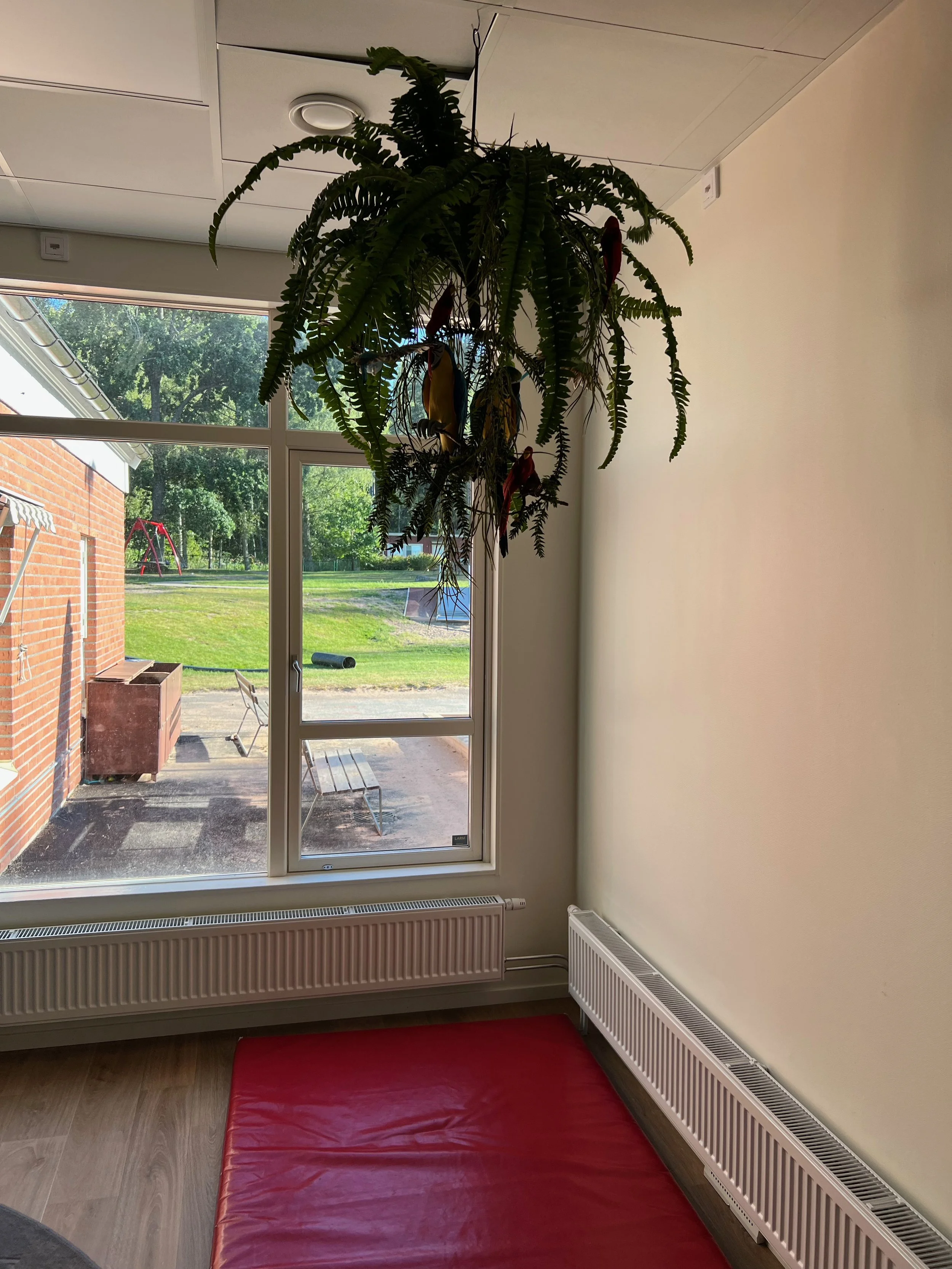 Interiör med ett fönster som visar en grön utomhusmiljö, ett rött liggunderlag på golvet, två radiatorer under fönstret, ett träd och en lekplats utanför.