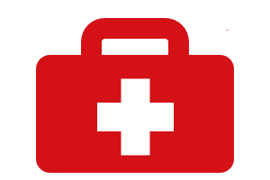 Red first aid kit with a white cross on it.