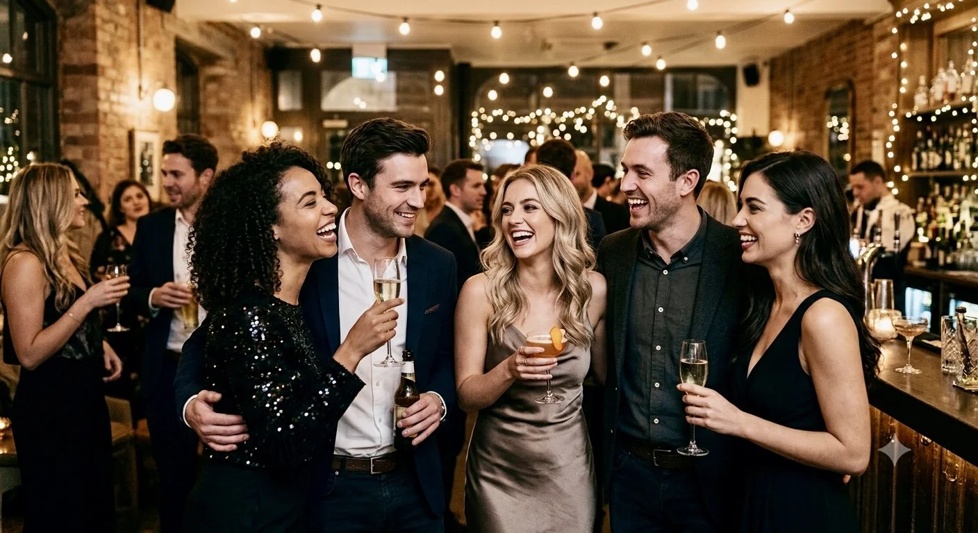 Group of six friends, four women and two men, laughing and holding drinks at a lively party in a warmly lit bar or restaurant.