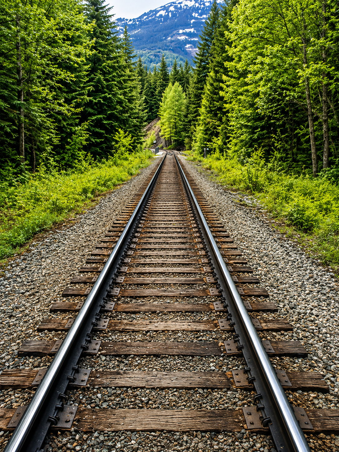 Railroad tracks running through a lush green forest with mountains in the background.