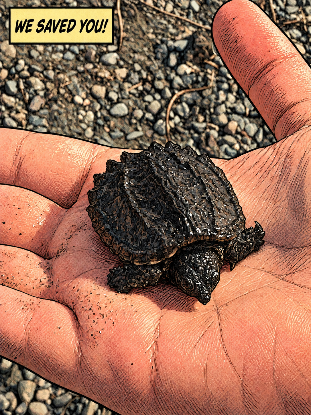 A hand holding a small, dark, spiny sea turtle hatchling on a gravelly surface, with a comic-style caption that says 'WE SAVED YOU!'