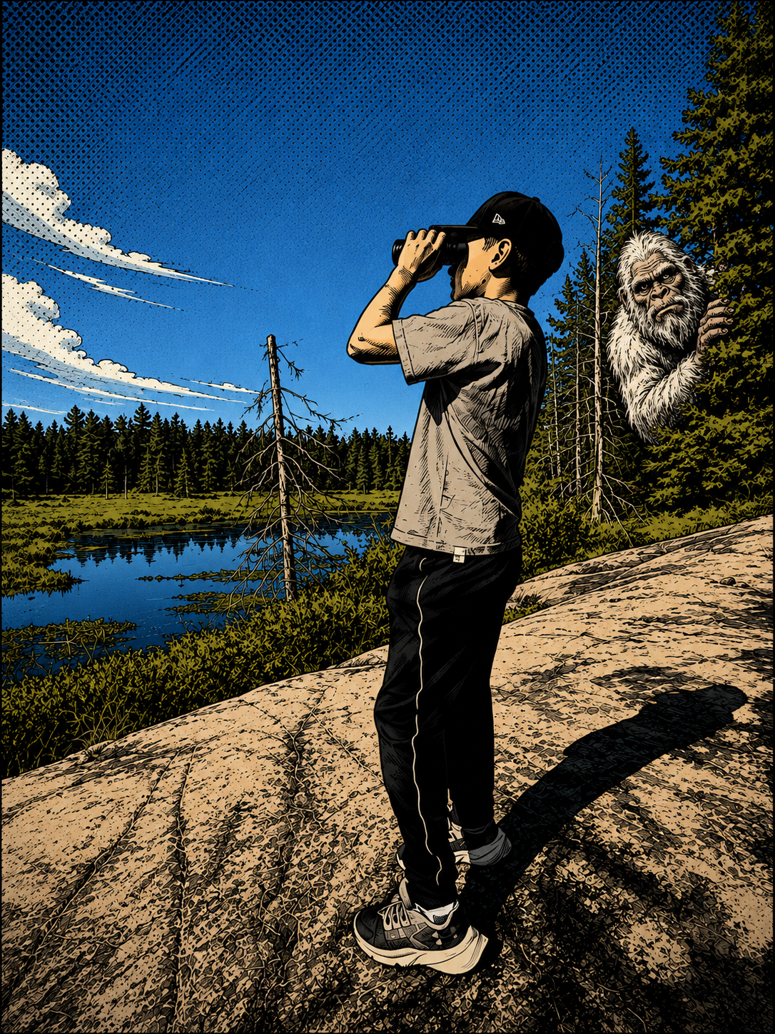 A young boy standing on a rock near a forest, looking through binoculars at a bigfoot creature peeking from behind a tree.