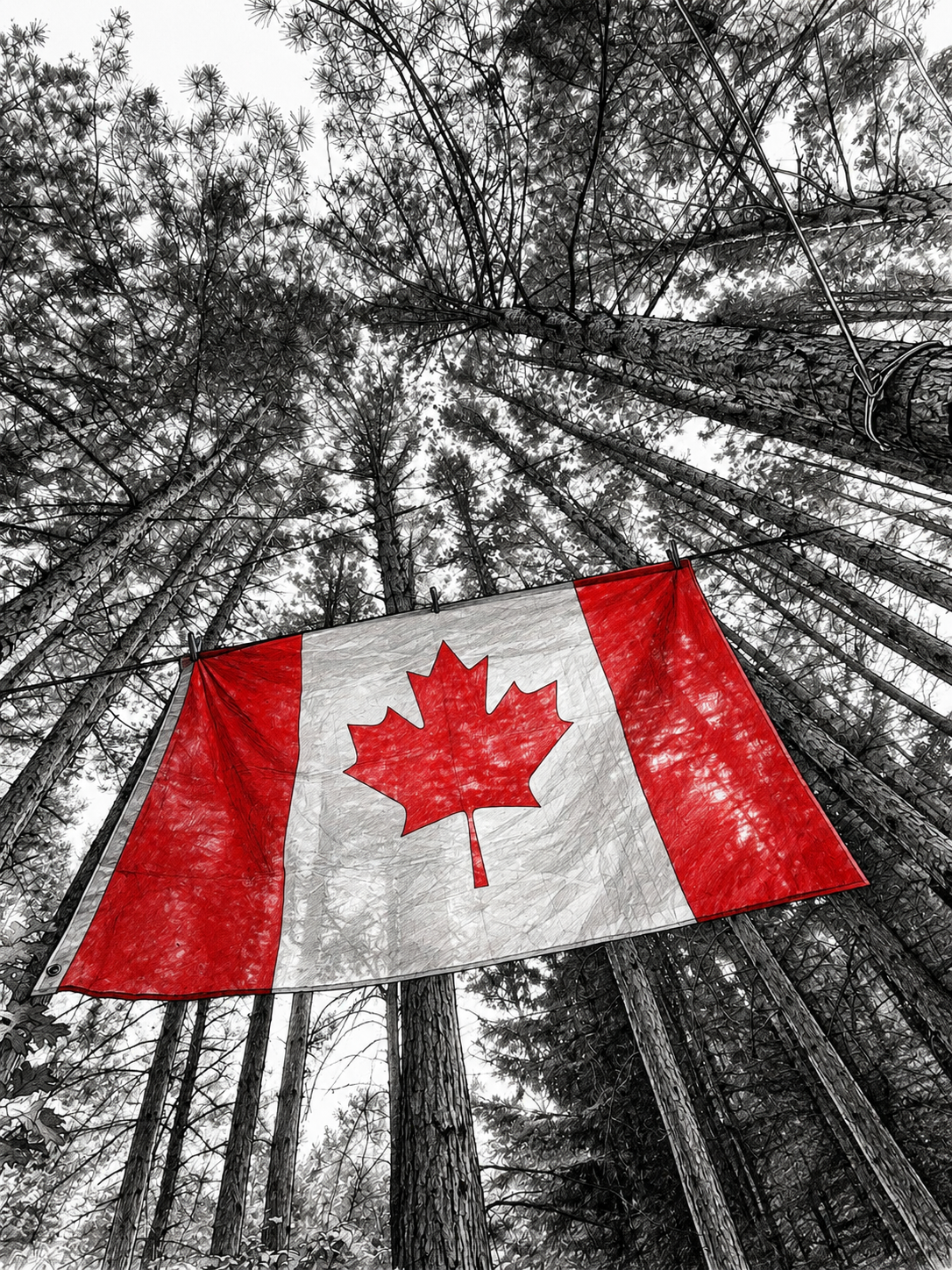 A Canadian flag hanging among tall trees in a forest with a cloudy sky.