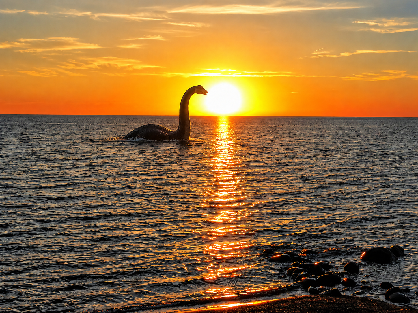 A dinosaur-shaped sculpture in the ocean at sunset with the sun on the horizon, reflecting on the water.