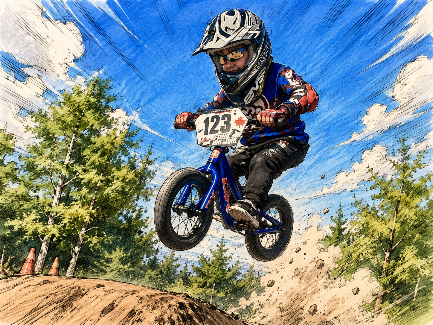 A young BMX rider wearing a helmet and protective gear jumps over a dirt mound during a race on a bright, sunny day with a blue sky and scattered clouds, surrounded by green trees.