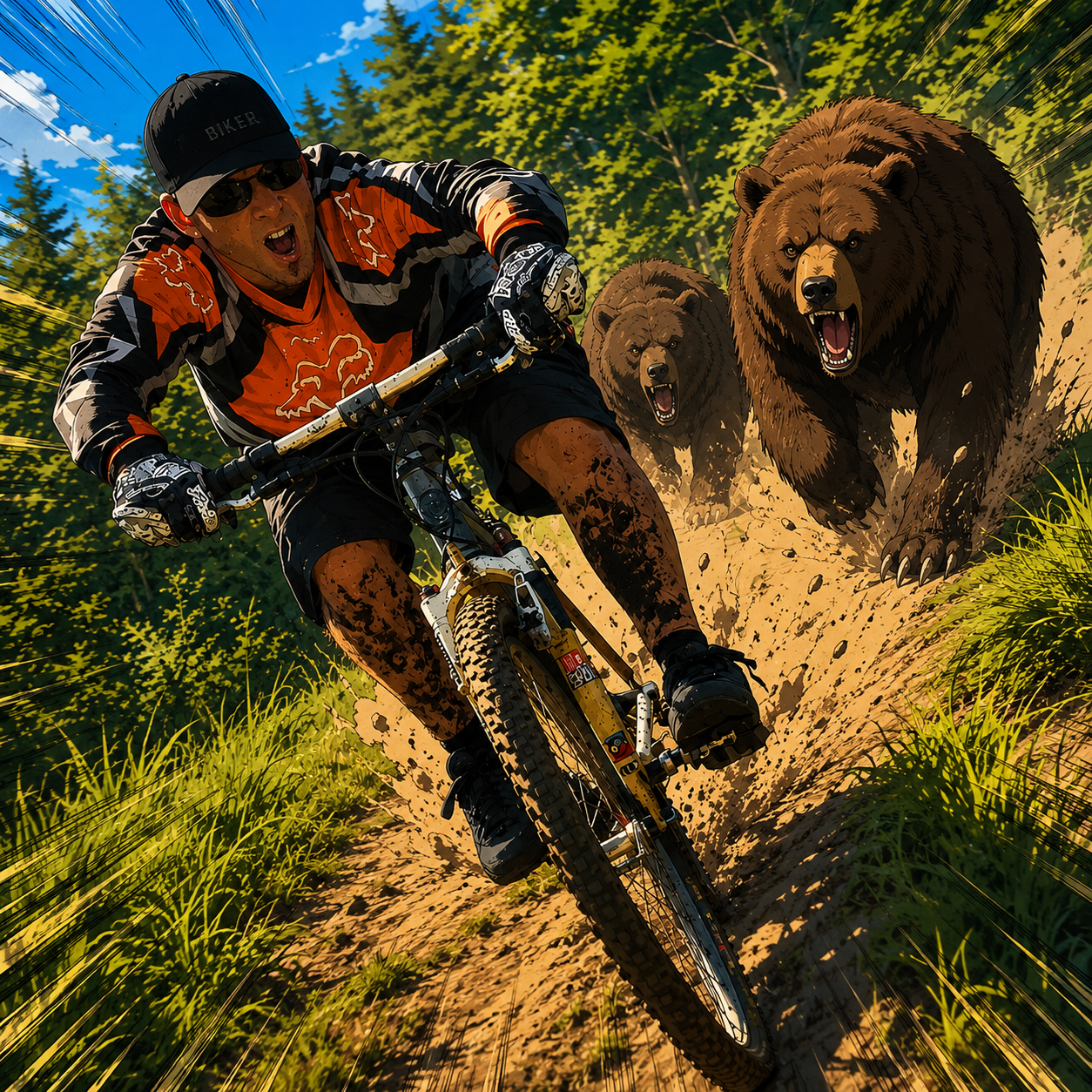 A mountain biker wearing black and orange gear, including a helmet and sunglasses, rides through a forest trail being chased by three large, roaring brown bears.