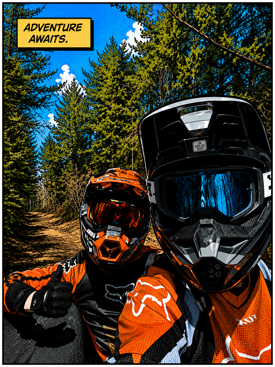 Two motocross riders in orange and black gear, wearing helmets and goggles, taking a selfie on a dirt trail surrounded by tall trees in a forest. Text box in the top left corner reads 'Adventure Awaits.'