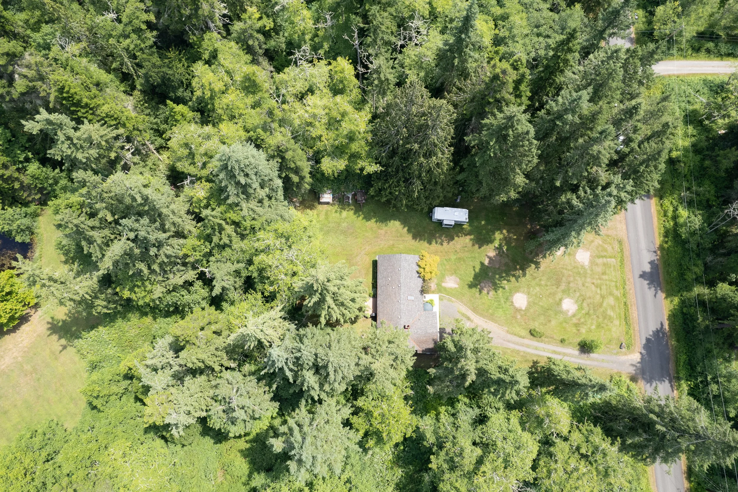 An aerial view of a wooded area with a few clearings, a small building, and a road on the right side.