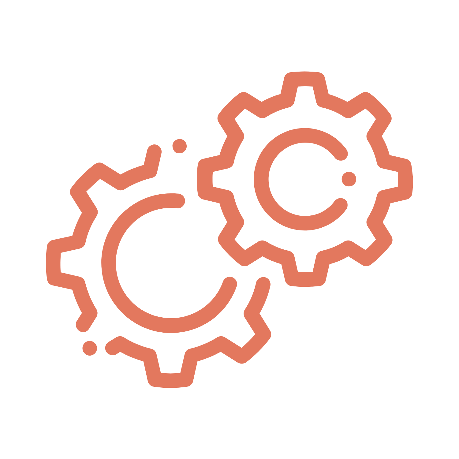 Illustration of three interconnected gears in a metallic, peach-colored outline on a black background, representing mechanics or engineering concepts.