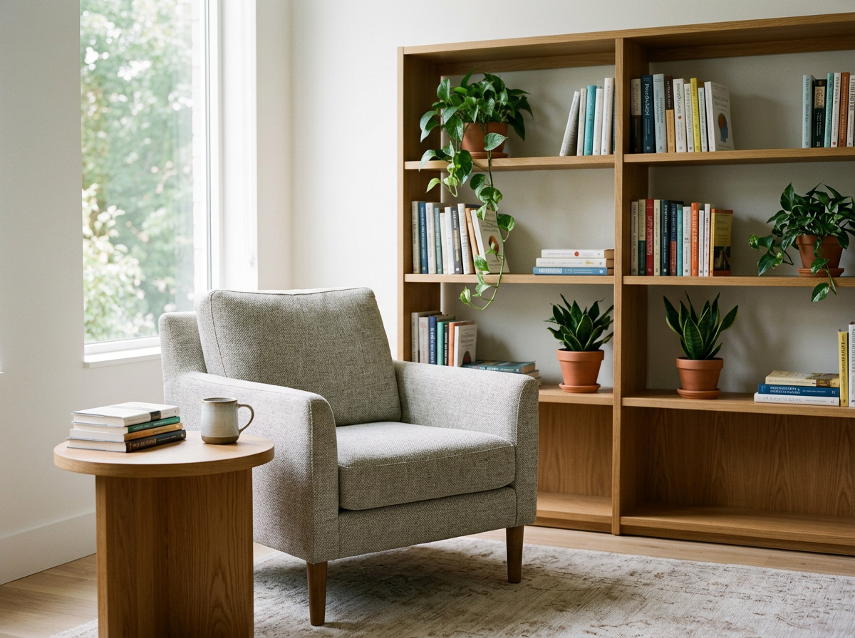 A cozy corner with a light gray armchair, a small round wooden side table with a stack of books and a coffee mug, and a wooden bookshelf filled with books and potted plants, next to a window with natural light.