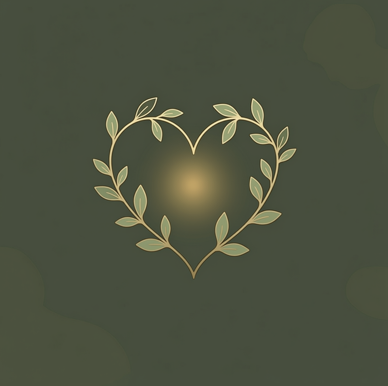 Illustration of a heart shape made of intertwining beige branches with leaves, glowing at the center, on a dark green background.
