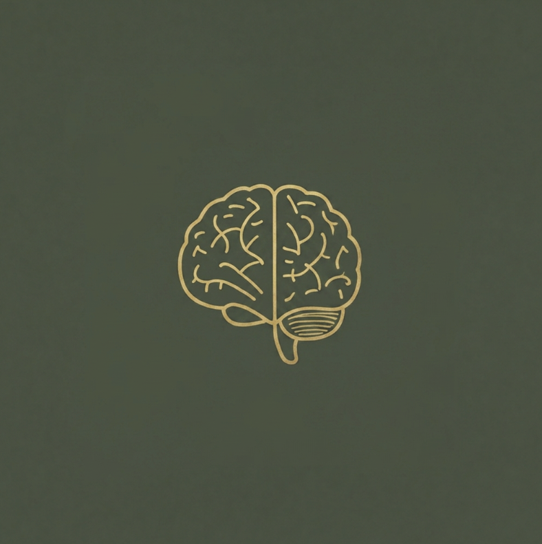 Minimalist line drawing of a human brain on a dark green background.