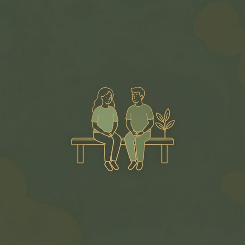 Line drawing of a man and woman sitting on a bench with a plant beside them on a green background.