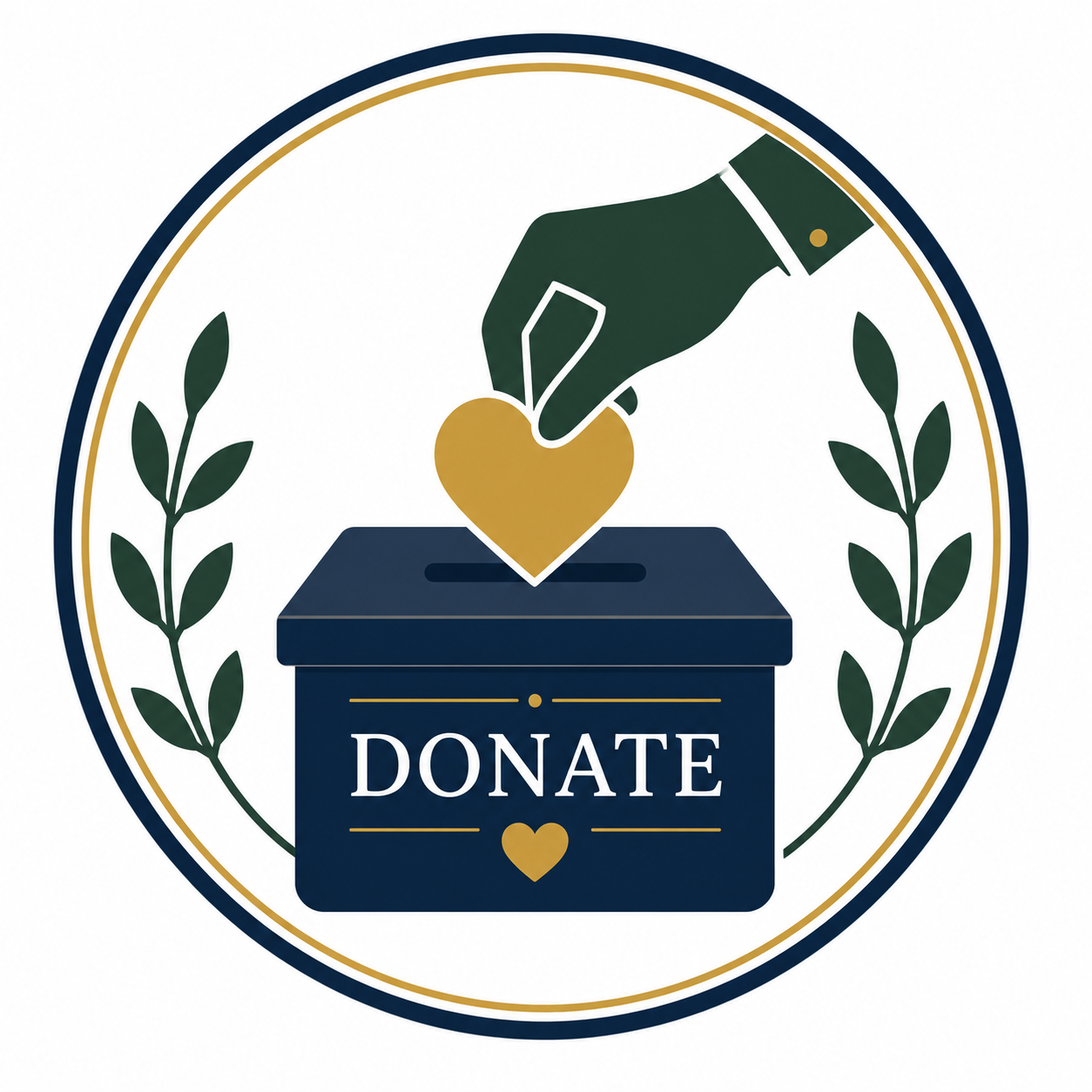 A graphic of a donation box with a heart inside, a hand dropping the heart into the box, surrounded by laurel branches, with the word 'DONATE' on the box.