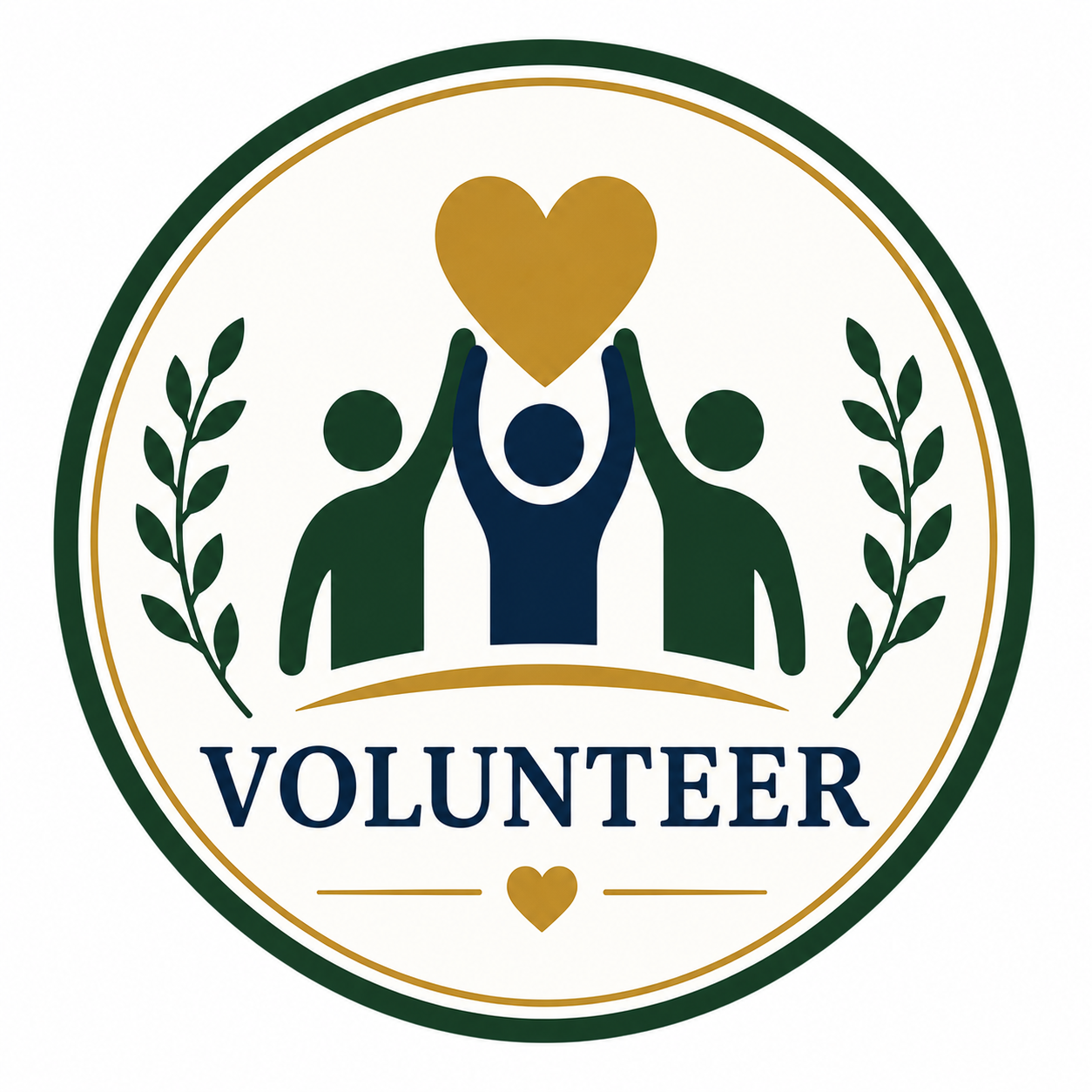 Logo with three stylized figures holding a gold heart above the word 'VOLUNTEER' in capital letters, flanked by olive branches.