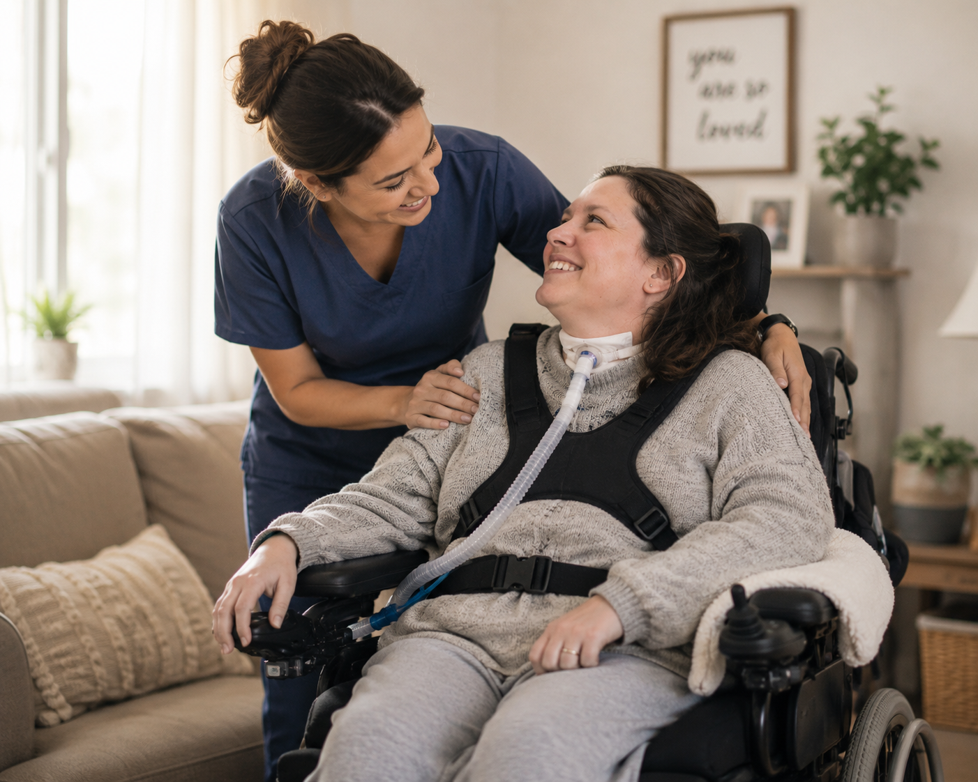 A nurse smiling at a woman in a wheelchair at home.
