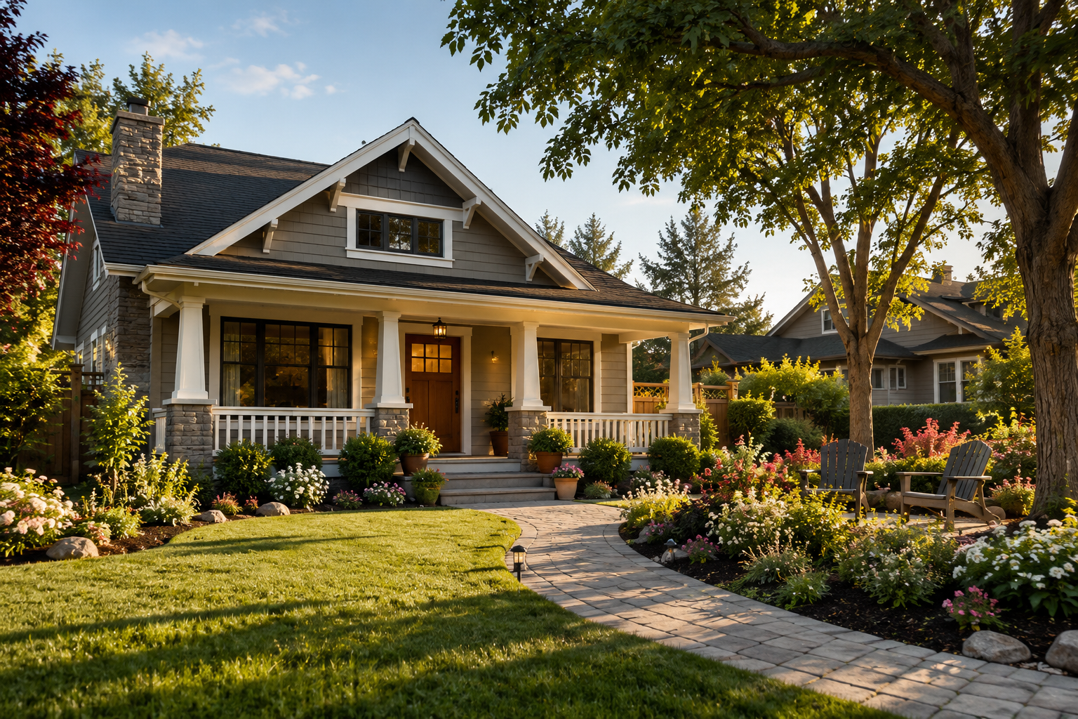 A cozy house with a front porch, surrounded by a well-maintained garden with colorful flowers, bushes, and two outdoor chairs, in a sunny setting with large trees.