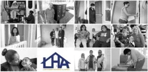 Collage of people in various settings, including a woman at a desk, two children in a hallway, a woman with two children, someone working on a laptop, and a group of people with a logo of a house in the bottom left corner.