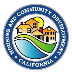 Seal of the Housing and Community Development California featuring houses, a sun, and a water body.