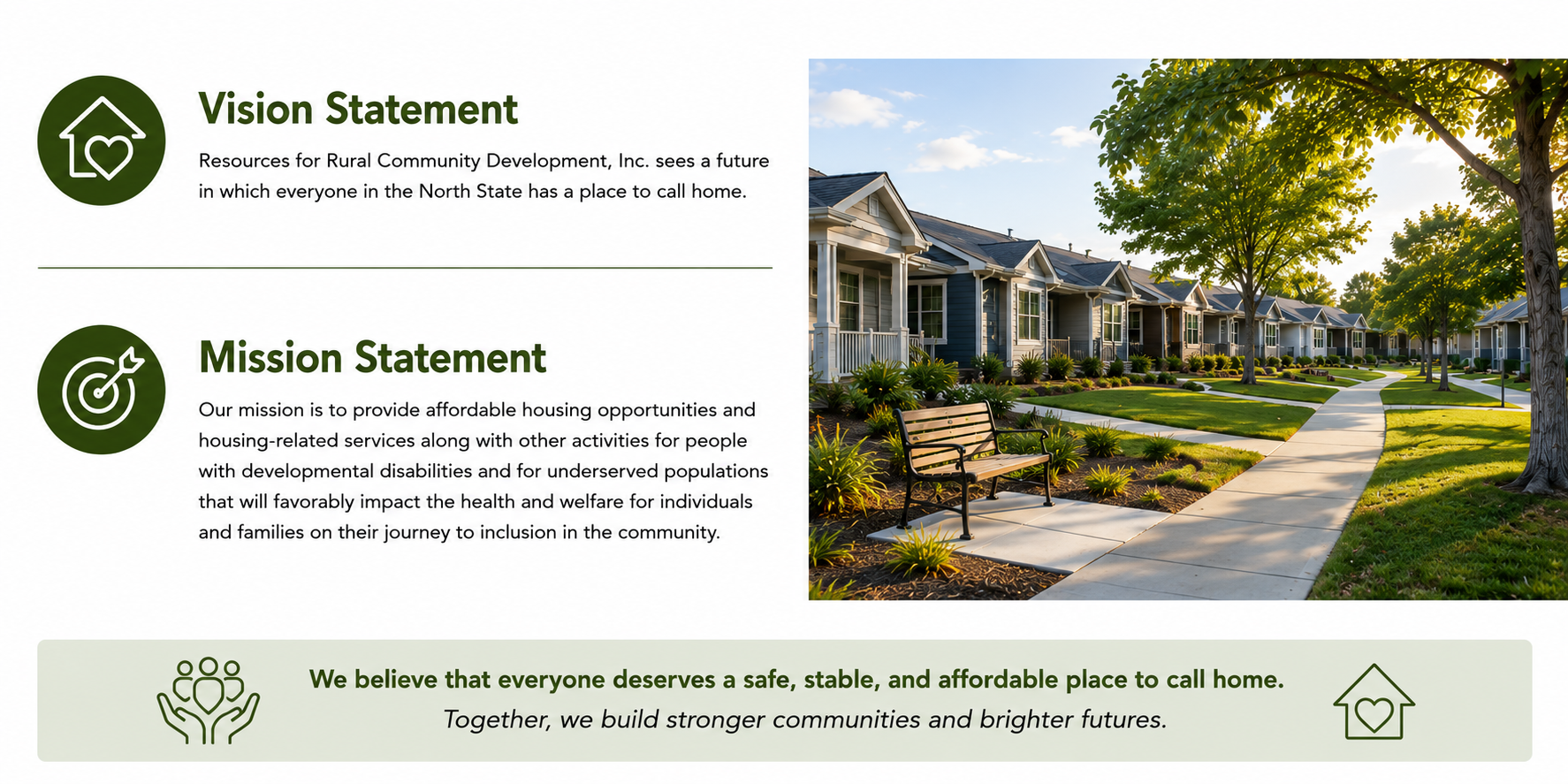A neighborhood with a row of houses, green trees, a sidewalk, and a park bench, under a partly cloudy sky in the late afternoon or early evening.