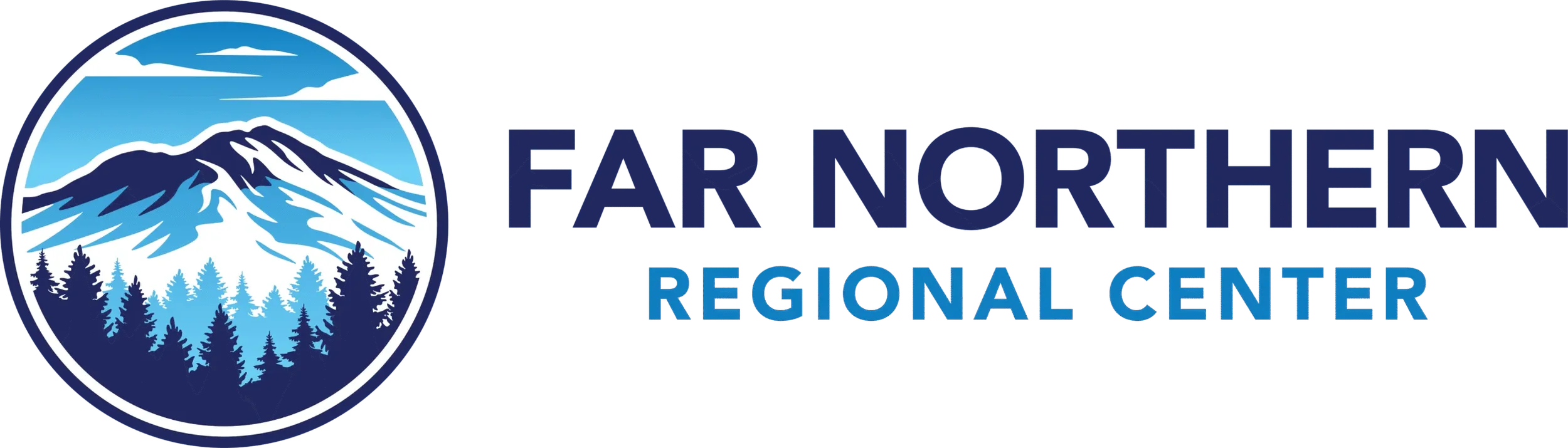 Logo of Far North Regional Center featuring a mountain, sky, and pine trees.