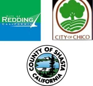 Logos of three California cities: Redding, Chico, and Shasta County. The Redding logo features a stylized mountain and water, the Chico logo displays a green tree, and the Shasta County logo shows a scenic lake and mountain.