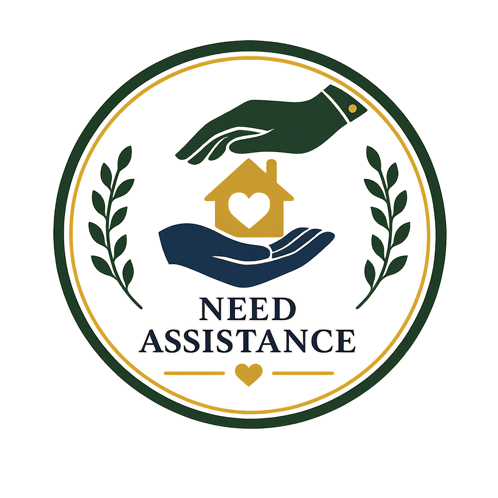 A circular emblem with two hands, one green and one blue, surrounding a house with a heart symbol in the center. The emblem has decorative leaves on each side and the phrase "NEED ASSISTANCE" at the bottom.