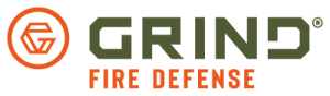 Grind Fire Defense logo with an orange shield and black text