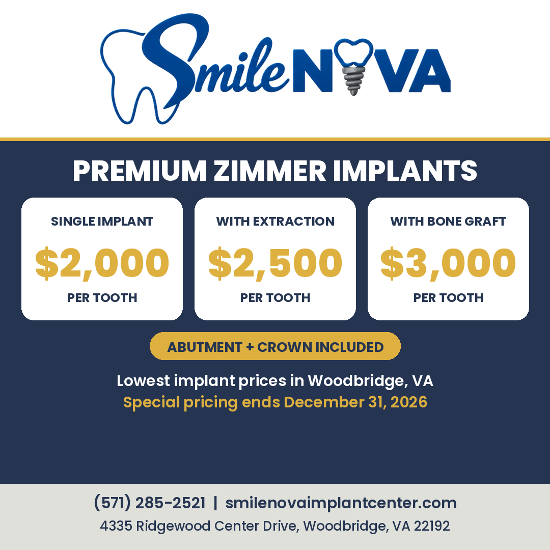 Smile NOVA Zimmer implant pricing: $2,000 single implant, $2,500 with extraction, $3,000 with bone graft, abutment and crown included, through Dec 31, 2026