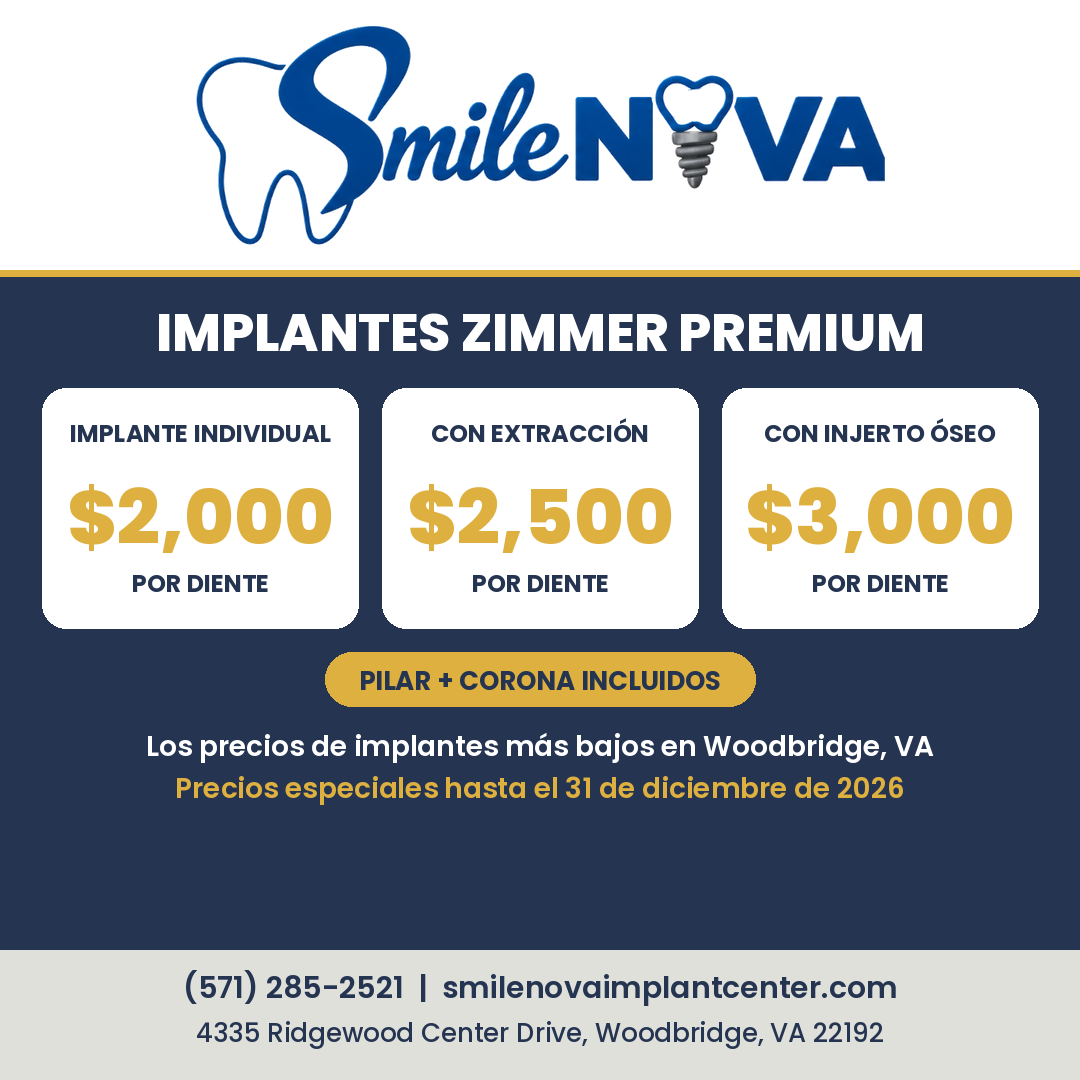 Precios de implantes Zimmer de Smile NOVA: $2,000 implante individual, $2,500 con extracción, $3,000 con injerto óseo, pilar y corona incluidos, hasta el 31 de diciembre de 2026
