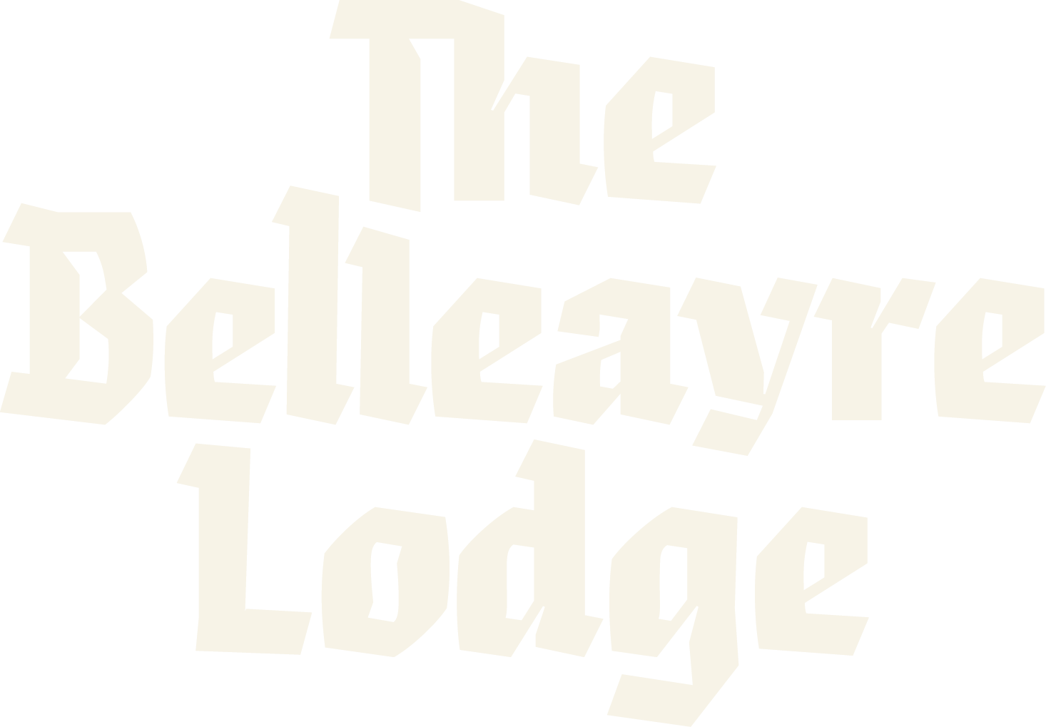 A graphic with the text 'The Belayre Lodge' written in large, stylized, 3D block letters.