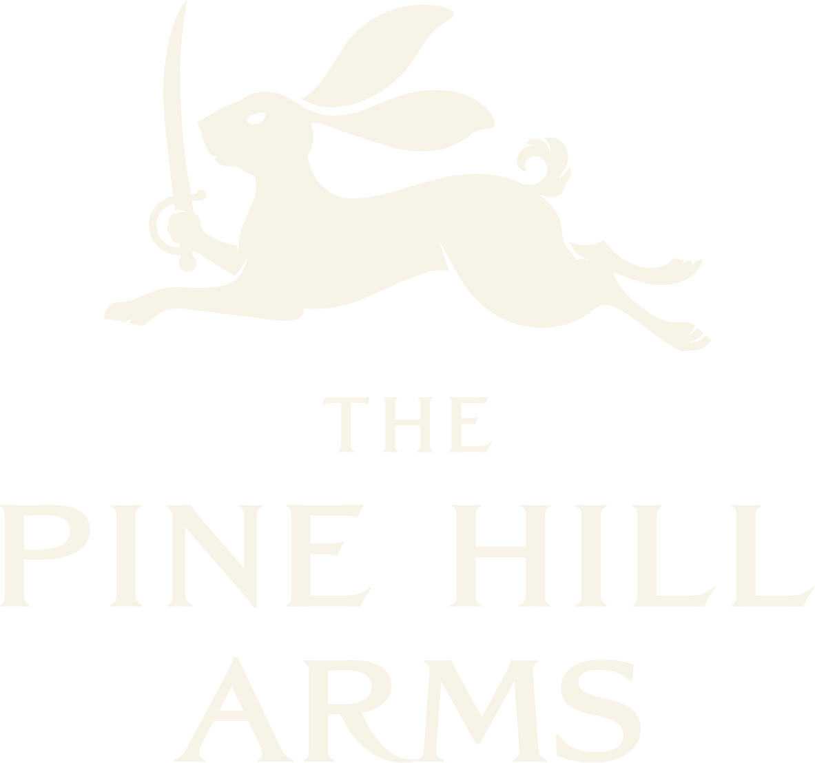 A logo featuring a white hare with a sword, leaping over the words "The Pine Hill Arms" in white text on a black background.